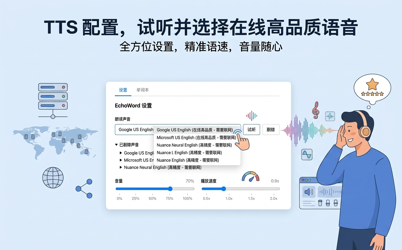 TTS 配置，试听并选择在线高品质语音