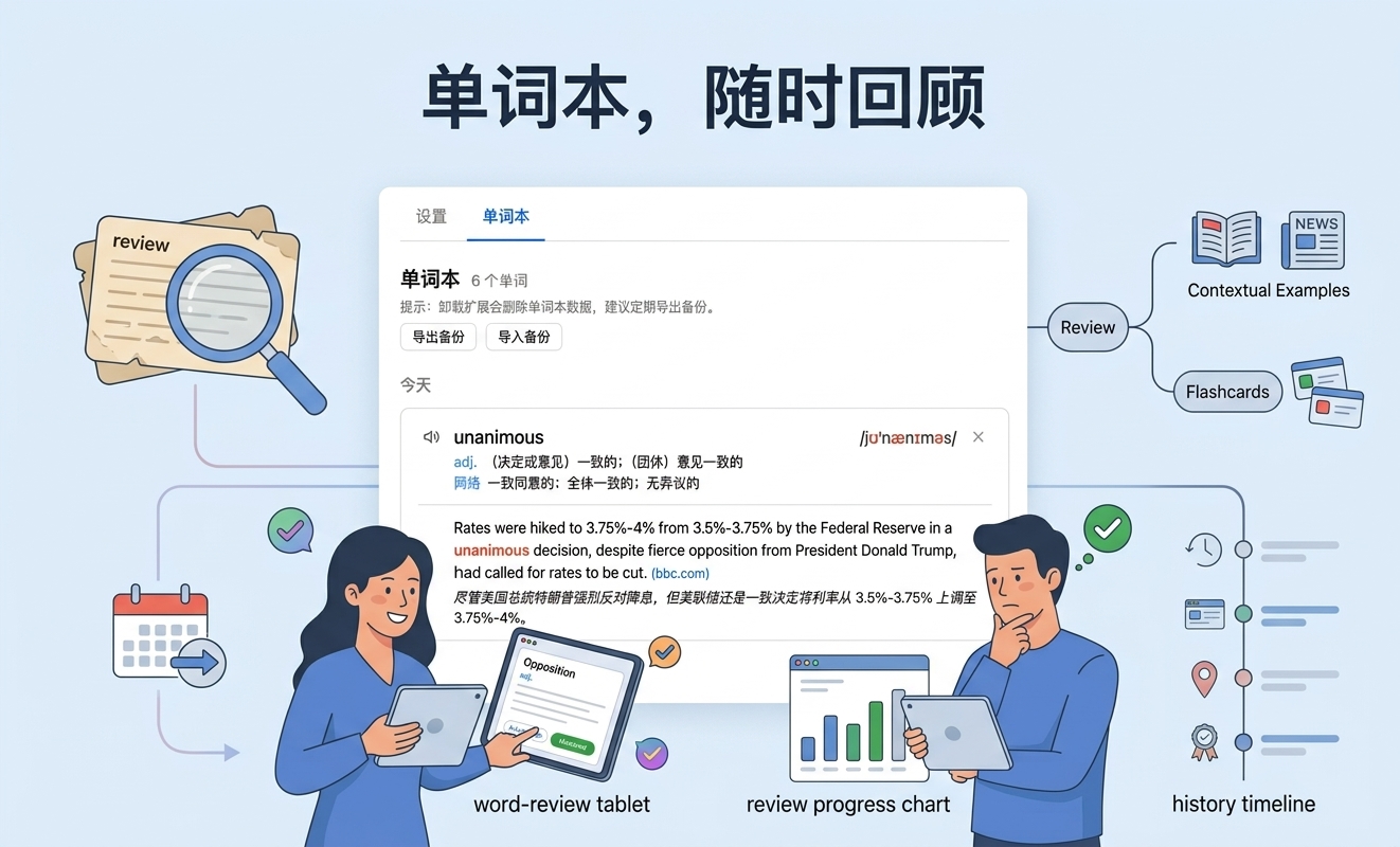 单词本，随时回顾：词条附例句与出处，支持导出备份